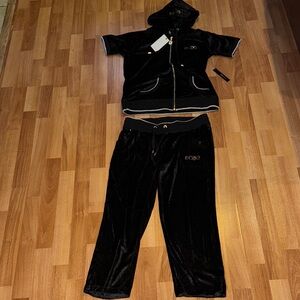 BCBG Black Velour Track Pants and Hoodie Set
